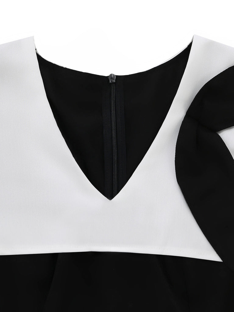 2PCS Black & White 1950s Cape Collar ColorBlock Top & Pants - vintage fashion, retro style, classic black
