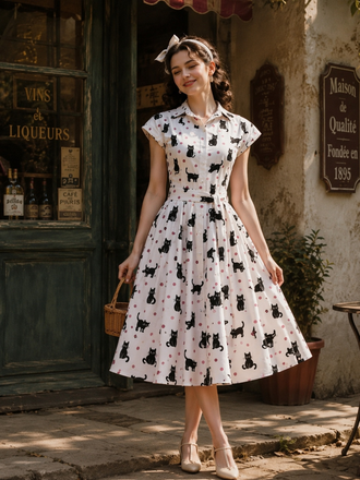1950s Cat Polka Dot Belted Shirt Dress, vintage dress, retro fashion, rockabilly, pin-up fashion - perfect for women who love vintage and retro fashion