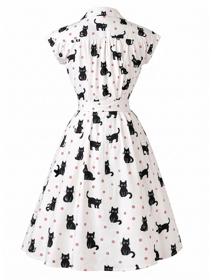 1950s Cat Polka Dot Belted Shirt Dress