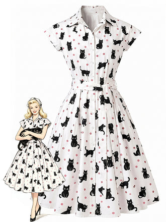 [Pre-Sale] 1950s Cat Polka Dot Belted Shirt Dress, vintage dress, retro fashion, rockabilly, pin-up fashion - perfect for women who love vintage and retro fashion