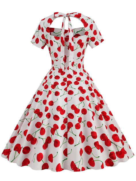 1950s Cherry Sweetheart Short Sleeve Lace Up Dress