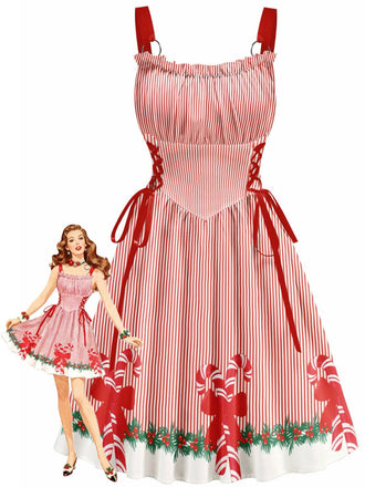 She slips into this 1950s Christmas Candy Cane Striped Lace-Up Holiday Dress and suddenly it's a 1950s daydream