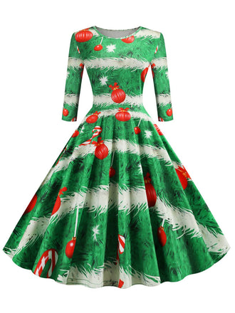She slips into this 1950s Christmas Crew Neck Half Sleeve Dress and suddenly it's a 1950s daydream