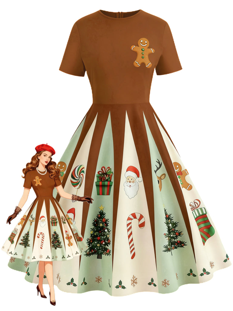 Brown 1950s Christmas Gingerbread Swing Dress | Retro Stage Brown 1950s Christmas Gingerbread Swing Dress | Retro Stage
