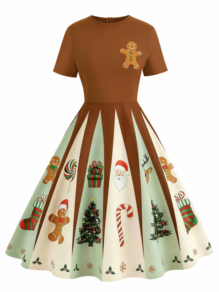 Retro Stage Vintage Christmas Swing Dress | Brown Gingerbread Tree Print, Holiday Fit & Flare Midi Retro Stage Vintage Christmas Swing Dress | Brown Gingerbread Tree Print, Holiday Fit & Flare Midi