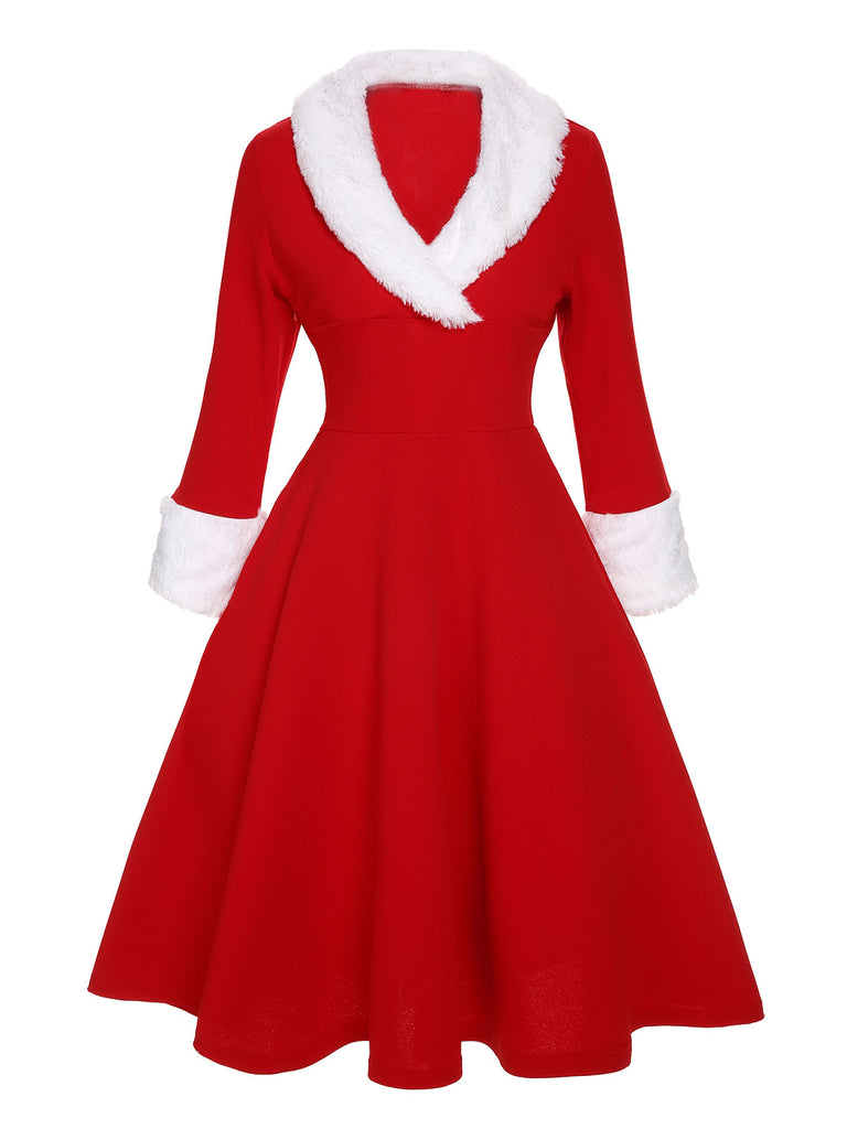 Red Christmas Santa Faux Fur Collar Swing Dress | Long Sleeve Holiday Party Dress Red Christmas Santa Faux Fur Collar Swing Dress | Long Sleeve Holiday Party Dress