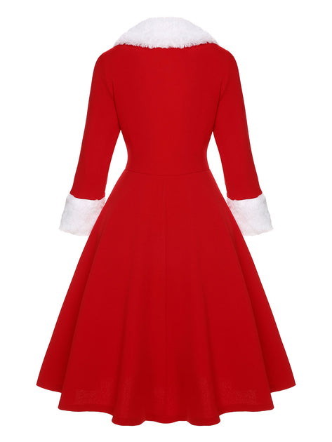 Red Christmas Santa Faux Fur Collar Swing Dress