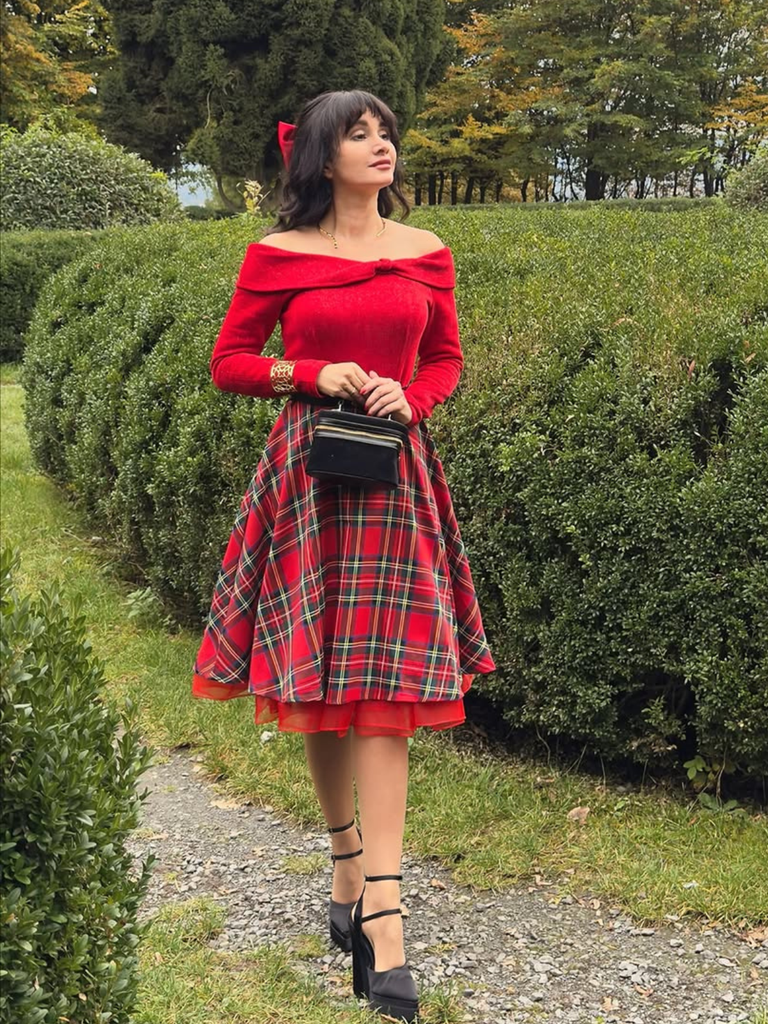 1950s Christmas Off Shoulder Tartan Dress - vintage dress, retro fashion, rockabilly
