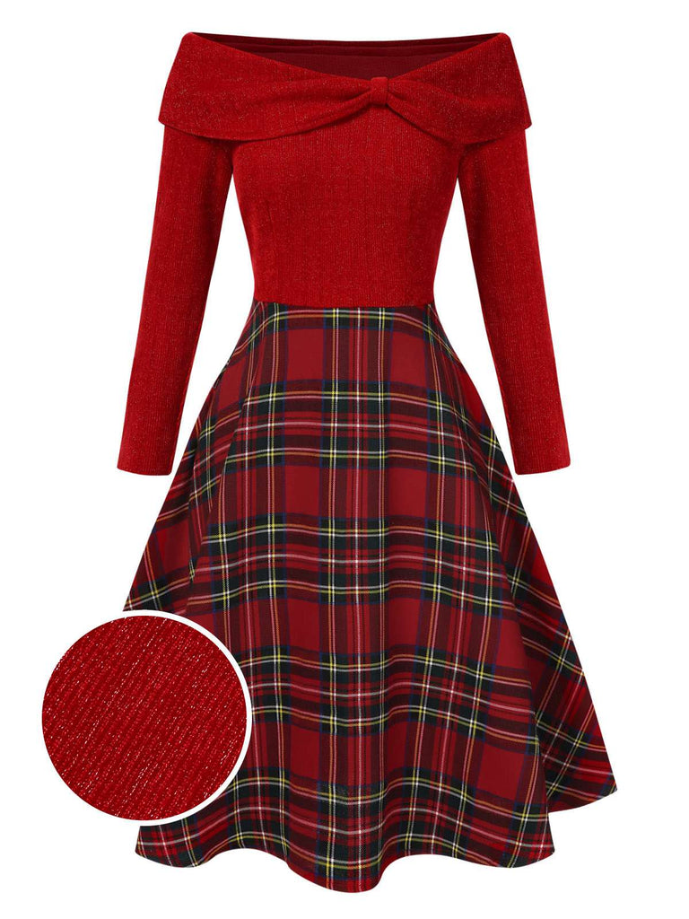 Vintage 1950s Style Christmas Dress | Red Bardot Neckline & Holiday Plaid Midi Dress Vintage 1950s Style Christmas Dress | Red Bardot Neckline & Holiday Plaid Midi Dress