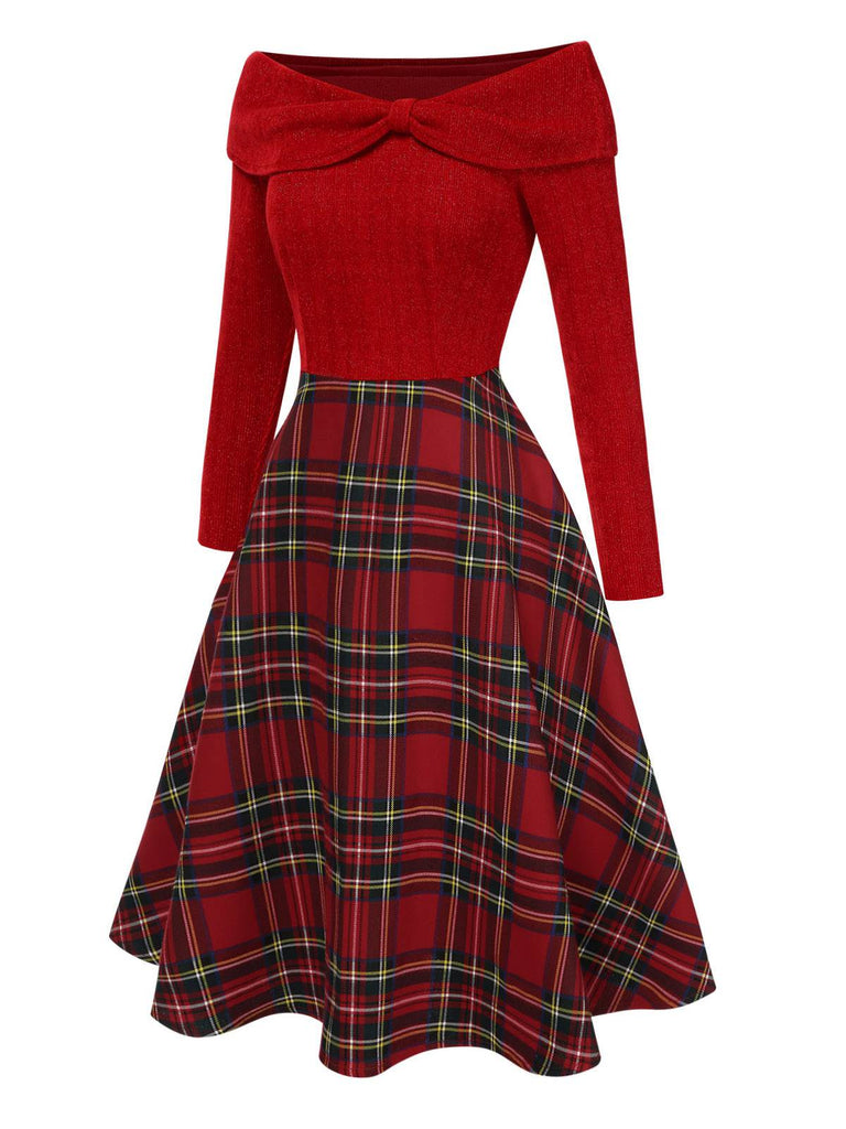 Christmas Red Tartan Off Shoulder Kintted Swing Dress Christmas Red Tartan Off Shoulder Kintted Swing Dress