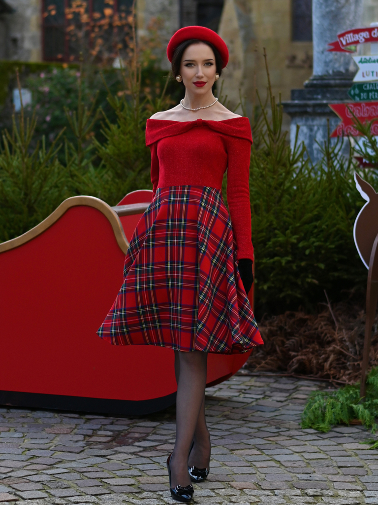 off shoulder tartan dress Cupshe Red Belted Plaid Ruched Dress - Red