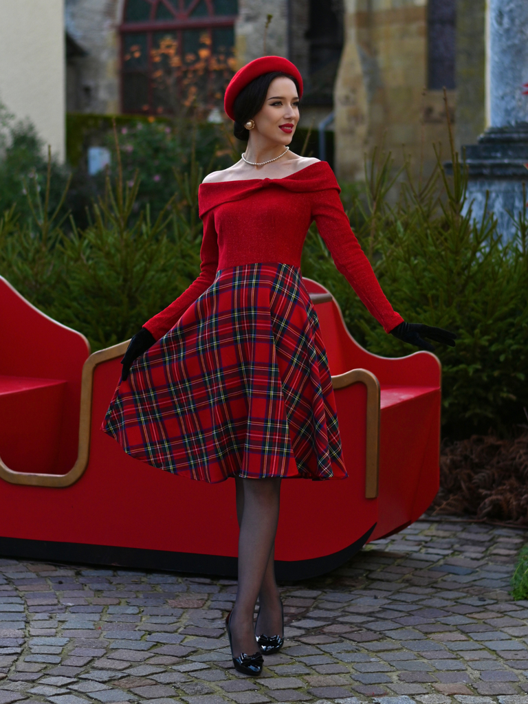 1950s Christmas Off Shoulder Tartan Dress - vintage dress, retro fashion, rockabilly