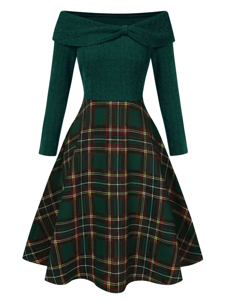 Green 1950s Christmas Off Shoulder Tartan Dress | Retro Stage Green 1950s Christmas Off Shoulder Tartan Dress | Retro Stage