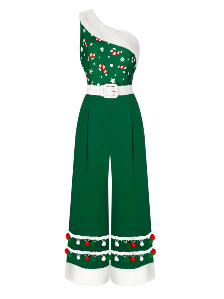 Green 1950s Christmas One Shoulder Fur Ball Belted Jumpsuit, vintage romper, retro jumpsuit - perfect for women who love vintage and retro fashion