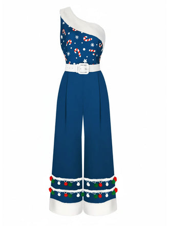 1950s Christmas One Shoulder Fur Ball Belted Jumpsuit: 1950s detail work for the woman who notices