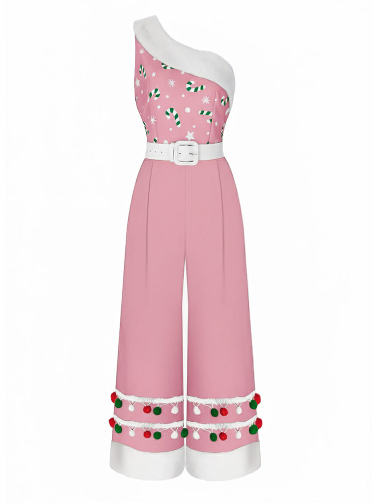 1950s Christmas One Shoulder Fur Ball Belted Jumpsuit — the 1950s finishing touch that makes her outfit sing