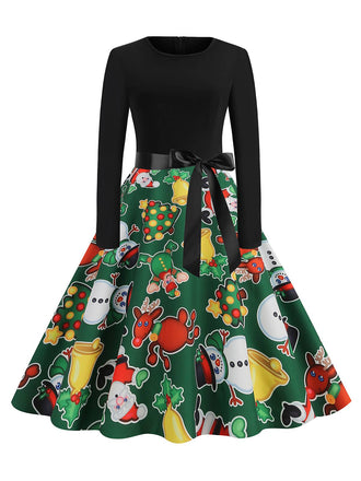She slips into this 1950s Christmas Patchwork Long Sleeve Dress and suddenly it's a 1950s daydream