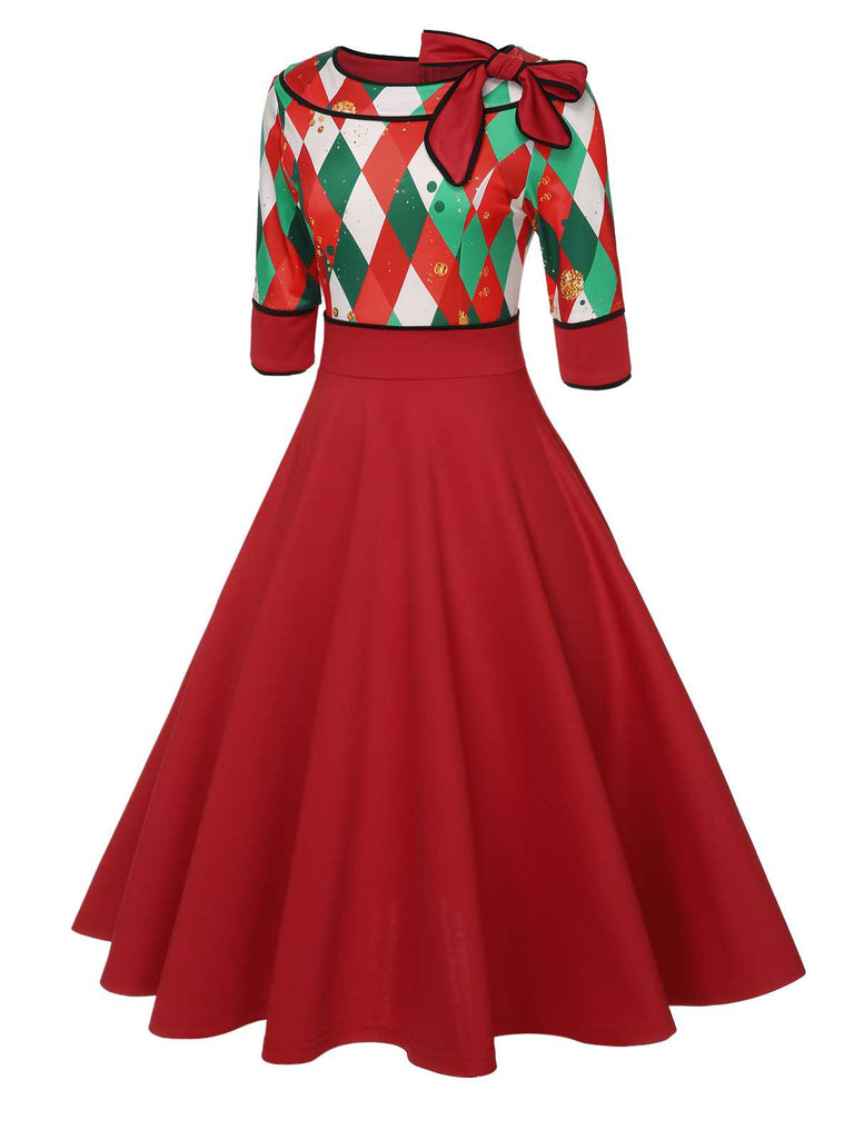 Christmas Plaid Patchwork Swing Dress Green Christmas Plaid Patchwork Swing Dress Green