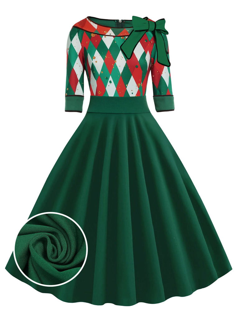 Christmas Plaid Patchwork Swing Dress Green Christmas Plaid Patchwork Swing Dress Green