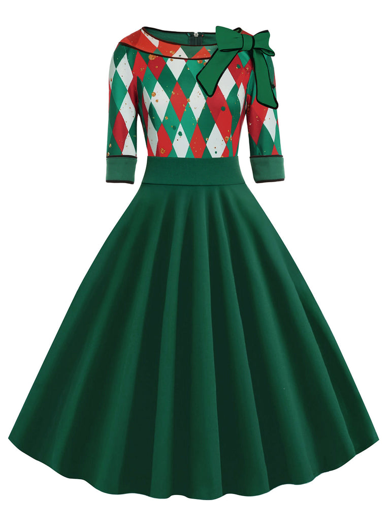 Christmas Plaid Patchwork Swing Dress Green Christmas Plaid Patchwork Swing Dress Green