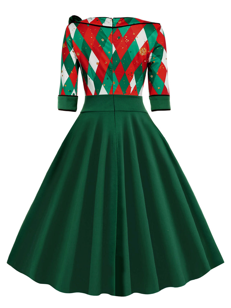 Christmas Plaid Patchwork Swing Dress Green Christmas Plaid Patchwork Swing Dress Green