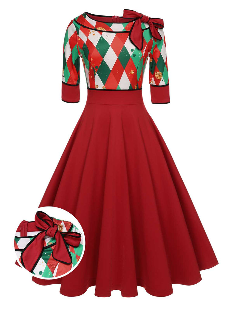 Christmas Plaid Patchwork Swing Dress Green Christmas Plaid Patchwork Swing Dress Green