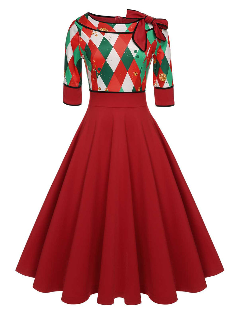 Christmas Plaid Patchwork Swing Dress Green Christmas Plaid Patchwork Swing Dress Green