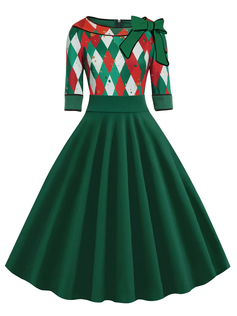 1950s Christmas Plaids Bow Decor Dress — vintage elegance for the modern woman