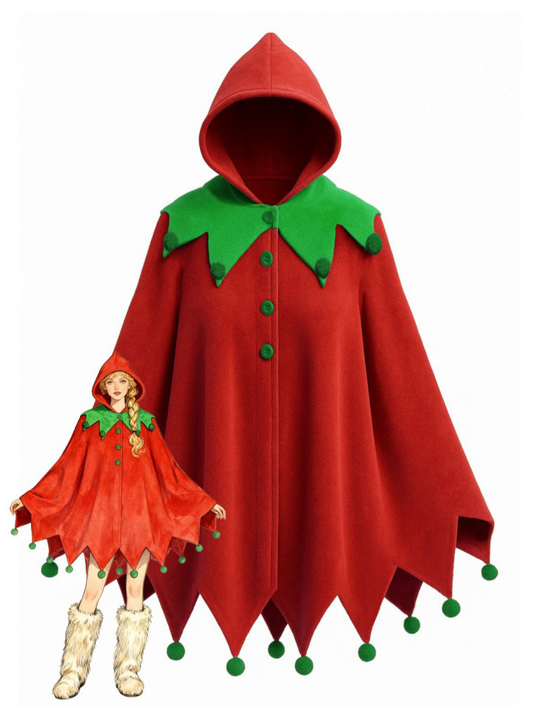 1950s Christmas Pom Pom Hooded Cape - vintage fashion, retro style