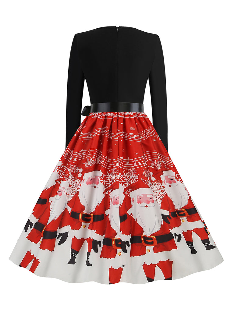 black xmas dress Retro Stage 1950s Christmas Print Belted Dress
