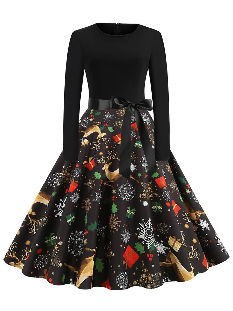 Retro Stage 1950s Christmas Print Belted Dress Retro Stage 1950s Christmas Print Belted Dress