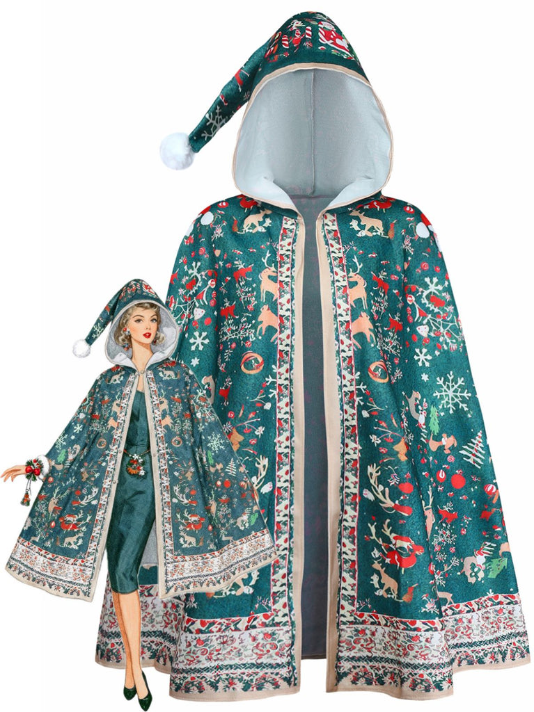 1950s Christmas Print Hooded Cape Coat - vintage fashion, retro style