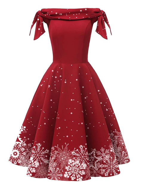 Green 1950s Christmas Snowflake Off-Shoulder Dress