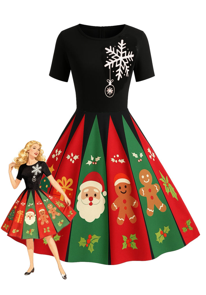 Retro Stage Vintage Christmas Swing Dress | Black Santa Gingerbread Tree Print, Holiday Fit & Flare Midi Retro Stage Vintage Christmas Swing Dress | Black Santa Gingerbread Tree Print, Holiday Fit & Flare Midi