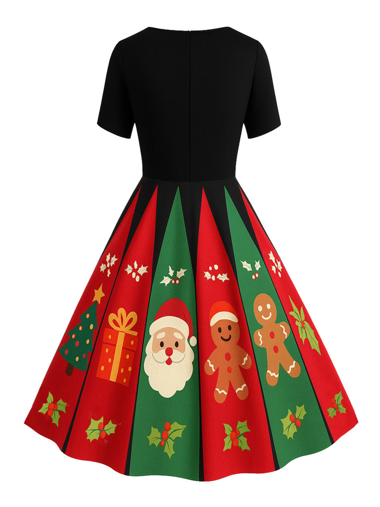 Retro Stage Vintage Christmas Swing Dress | Black Santa Gingerbread Tree Print, Holiday Fit & Flare Midi Retro Stage Vintage Christmas Swing Dress | Black Santa Gingerbread Tree Print, Holiday Fit & Flare Midi