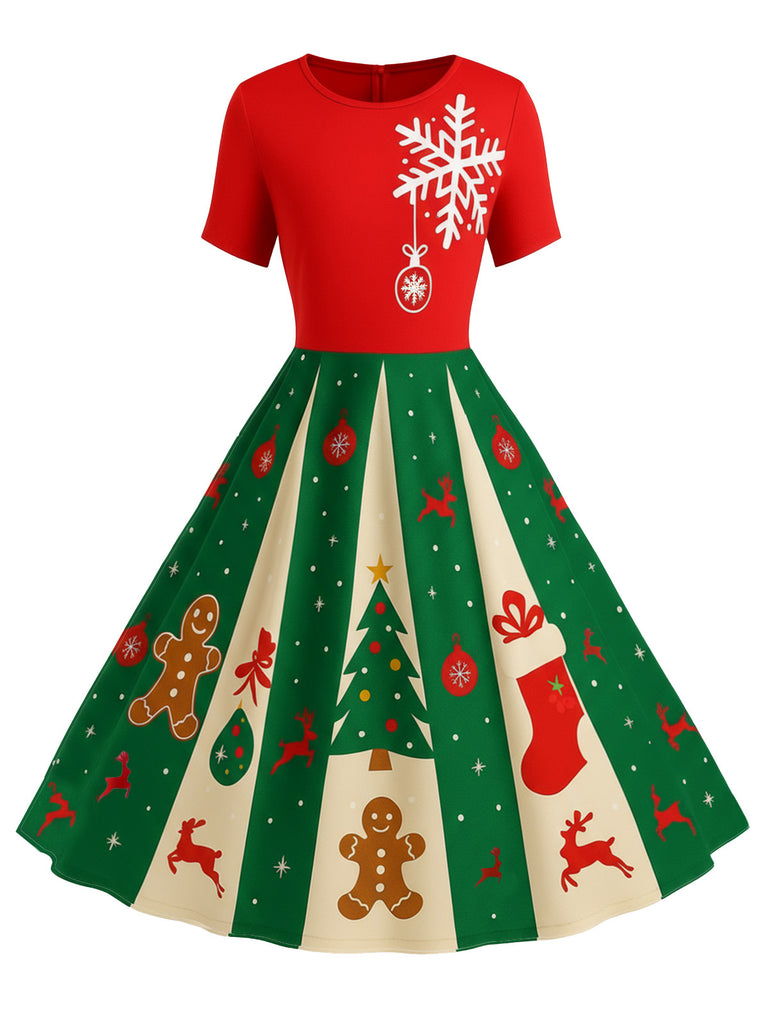 Retro Stage Vintage Christmas Swing Dress | Black Santa Gingerbread Tree Print, Holiday Fit & Flare Midi Retro Stage Vintage Christmas Swing Dress | Black Santa Gingerbread Tree Print, Holiday Fit & Flare Midi
