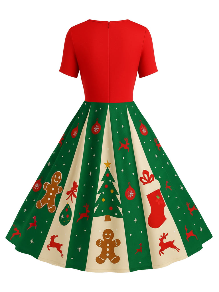 Retro Stage Vintage Christmas Swing Dress | Black Santa Gingerbread Tree Print, Holiday Fit & Flare Midi Retro Stage Vintage Christmas Swing Dress | Black Santa Gingerbread Tree Print, Holiday Fit & Flare Midi