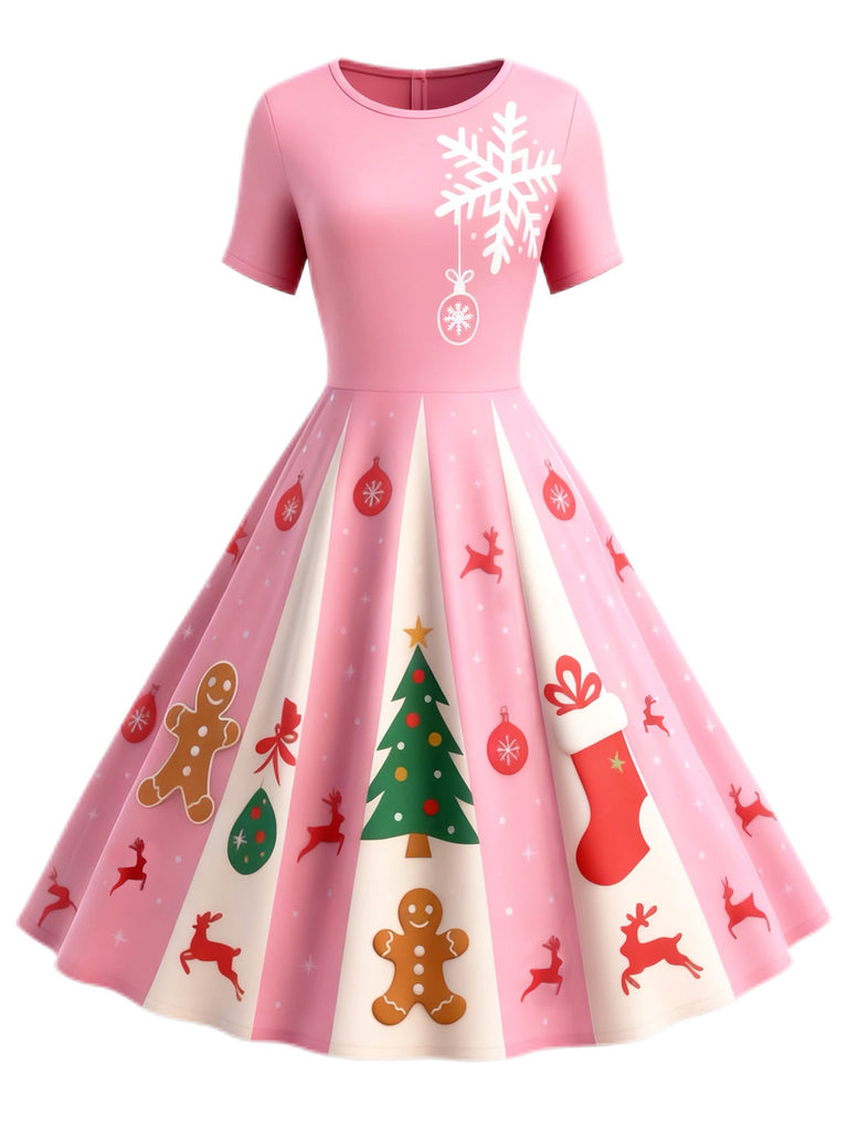 white christmas dresses Pink 1950s Christmas Snowflake Swing Dress