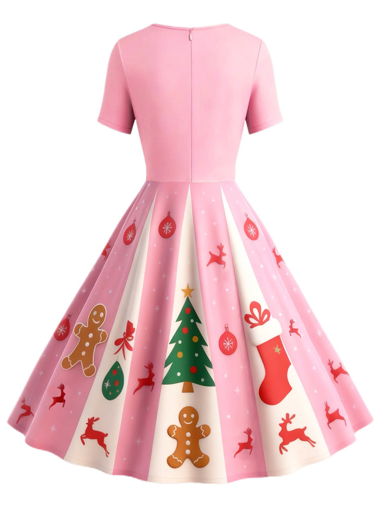 Retro Stage Vintage Christmas Swing Dress | Gingerbread Reindeer Tree Print, Holiday Fit & Flare Midi Retro Stage Vintage Christmas Swing Dress | Gingerbread Reindeer Tree Print, Holiday Fit & Flare Midi