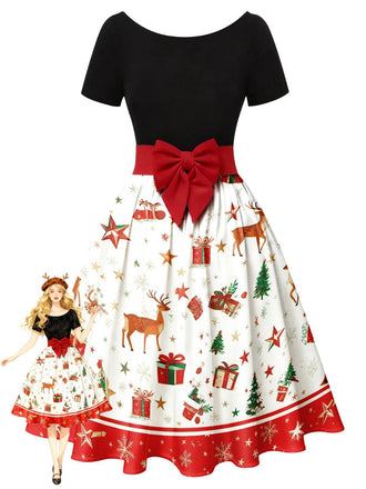 She slips into this 1950s Christmas Tree Patchwork Bow Belted Swing Dress and suddenly it's a 1950s daydream