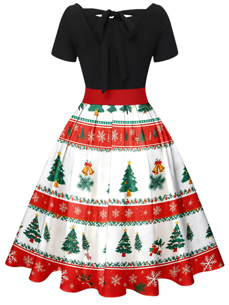 She slips into this 1950s Christmas Tree Patchwork Bow Belted Swing Dress and suddenly it's a 1950s daydream
