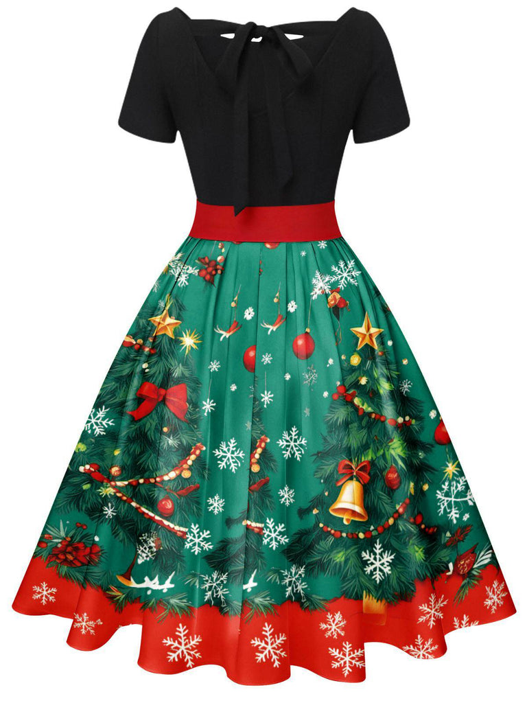 1950s Christmas Tree Patchwork Bow Belted Swing Dress — a 1950s silhouette that turns sidewalks into runways