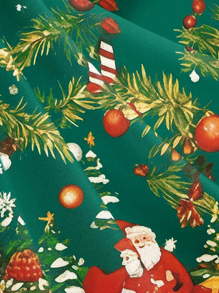 1950s Christmas Tree Patchwork Bow Belted Swing Dress — the kind of 1950s dress that makes strangers smile