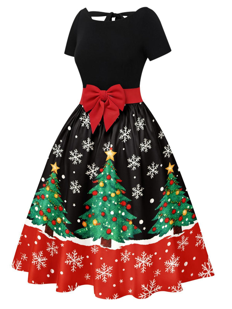 1950s Christmas Tree Patchwork Bow Belted Swing Dress — a 1950s silhouette that turns sidewalks into runways