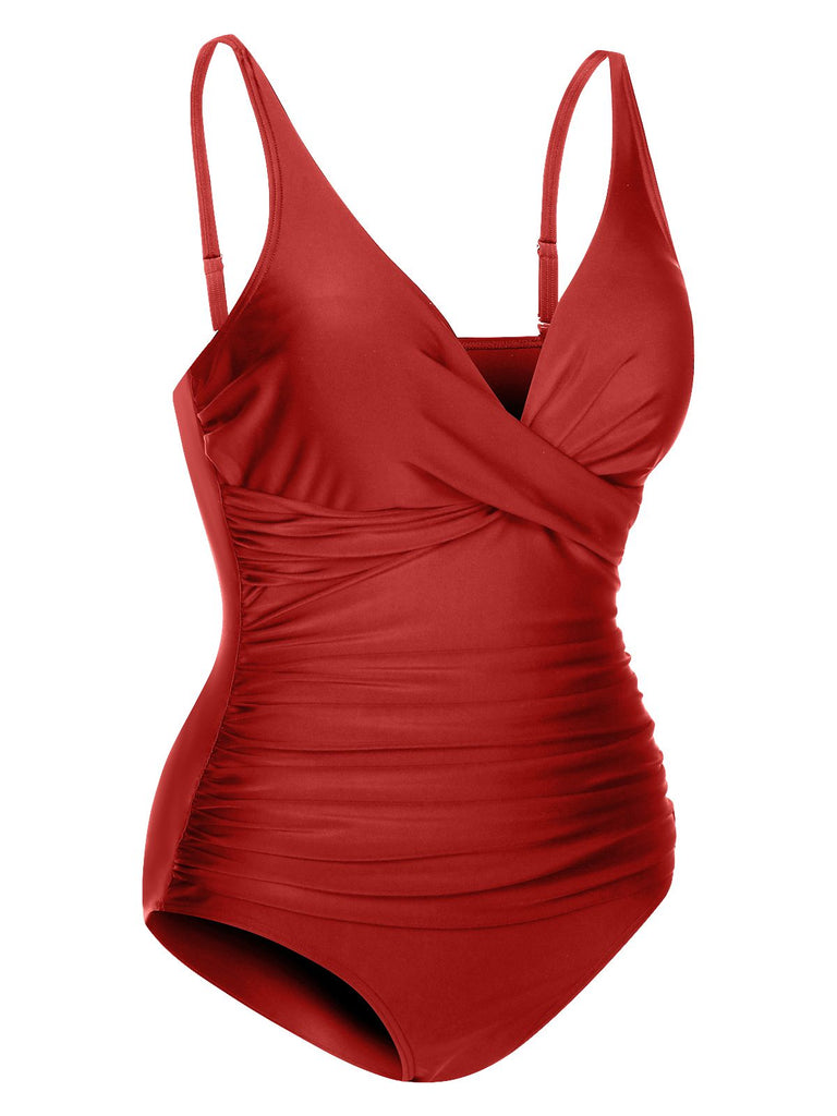 1950s Classic Solid One-Piece Swimsuit — 1950s poolside glamour meets sun-drenched confidence