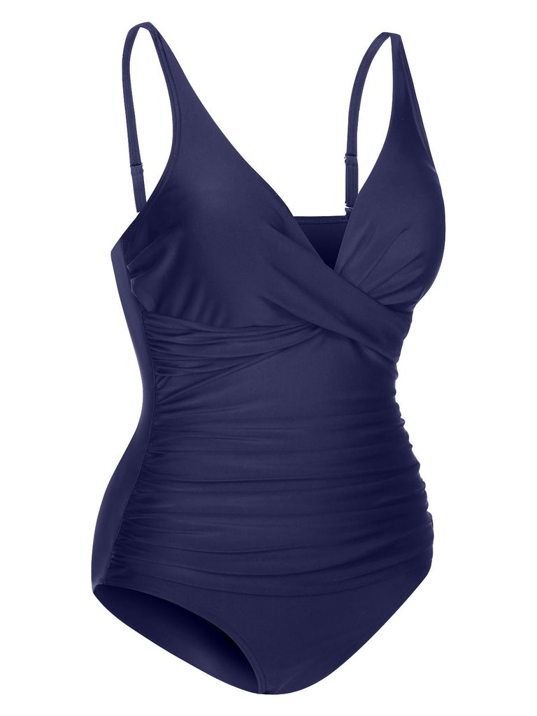 This 1950s Classic Solid One-Piece Swimsuit carries 1950s vacation dreams in every stitch