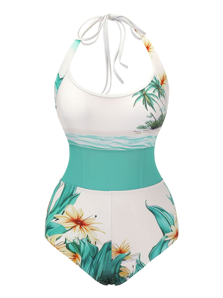 1950s Coconut Tree & Beach Patchwork Swimsuit, vintage swimsuit, pin-up swimwear - perfect for women who love vintage and retro fashion