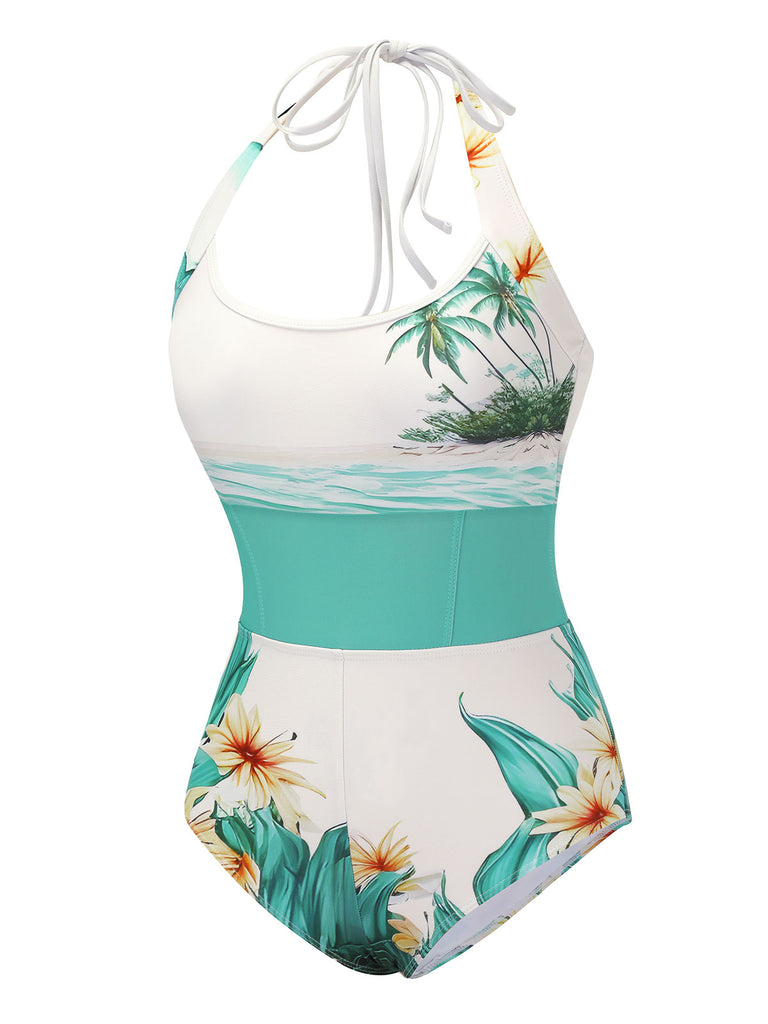 1950s Coconut Tree & Beach Patchwork Swimsuit, vintage swimsuit, pin-up swimwear - perfect for women who love vintage and retro fashion