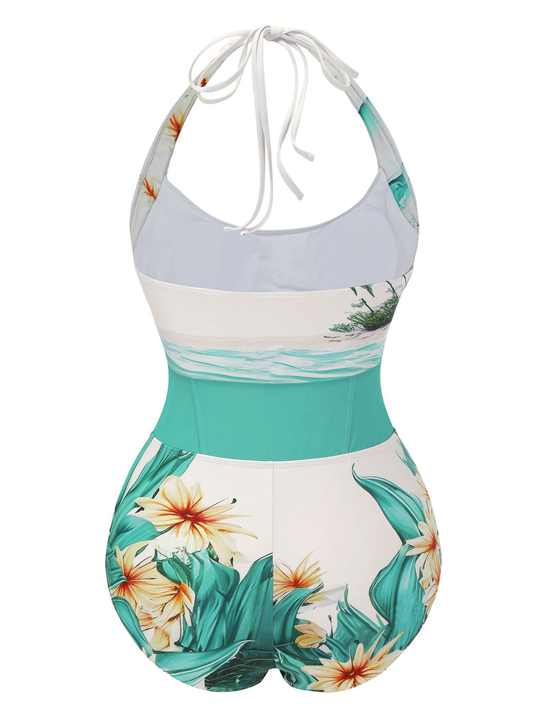 1950s Coconut Tree & Beach Patchwork Swimsuit, vintage swimsuit, pin-up swimwear - perfect for women who love vintage and retro fashion