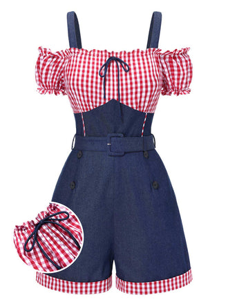 She finds her 1950s story in this 1950s Cold Shoulder Plaids Contrast Denim Romper